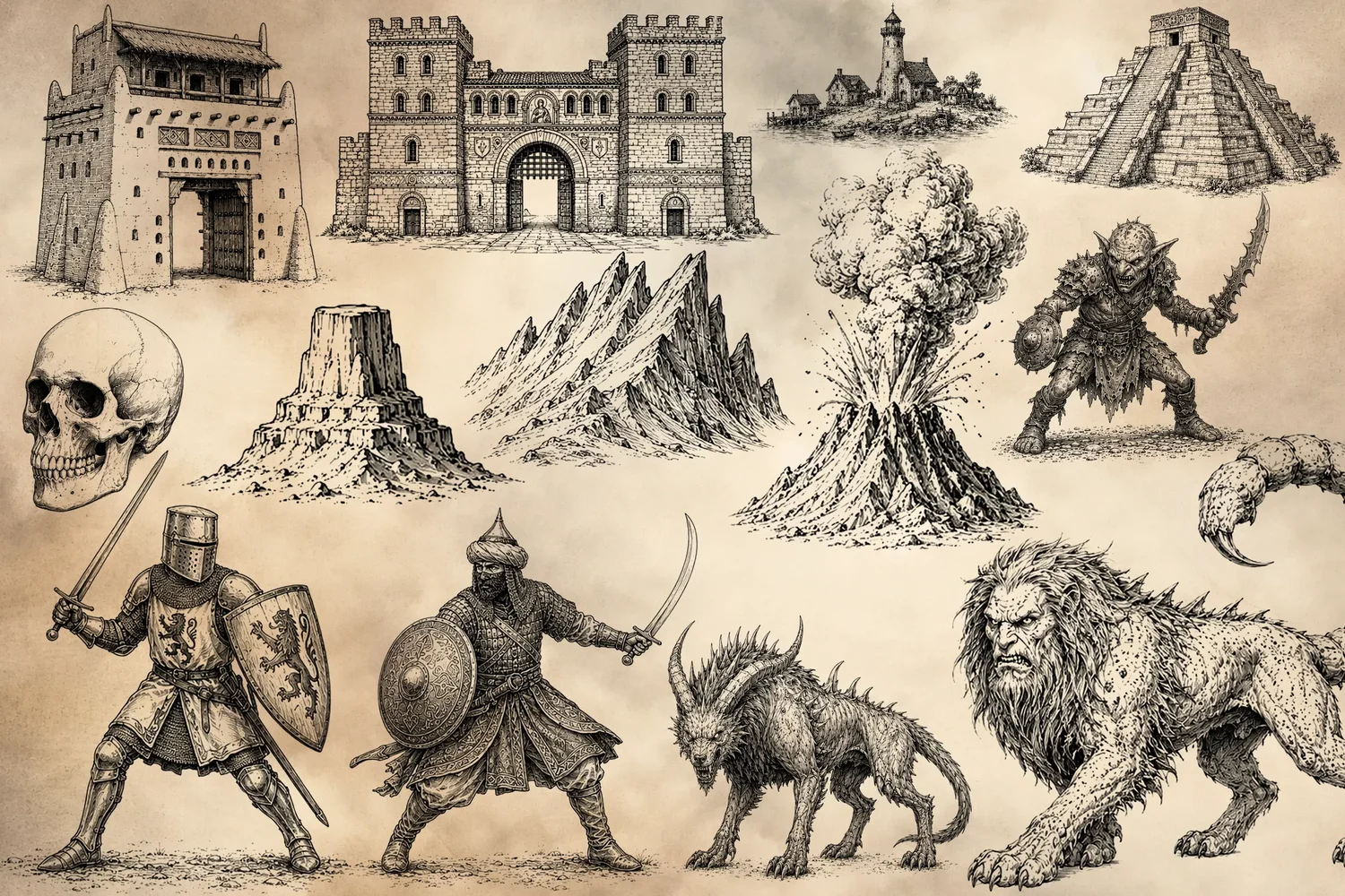High resolution fantasy map asset sheet with architecture, beasts, mountains, and characters